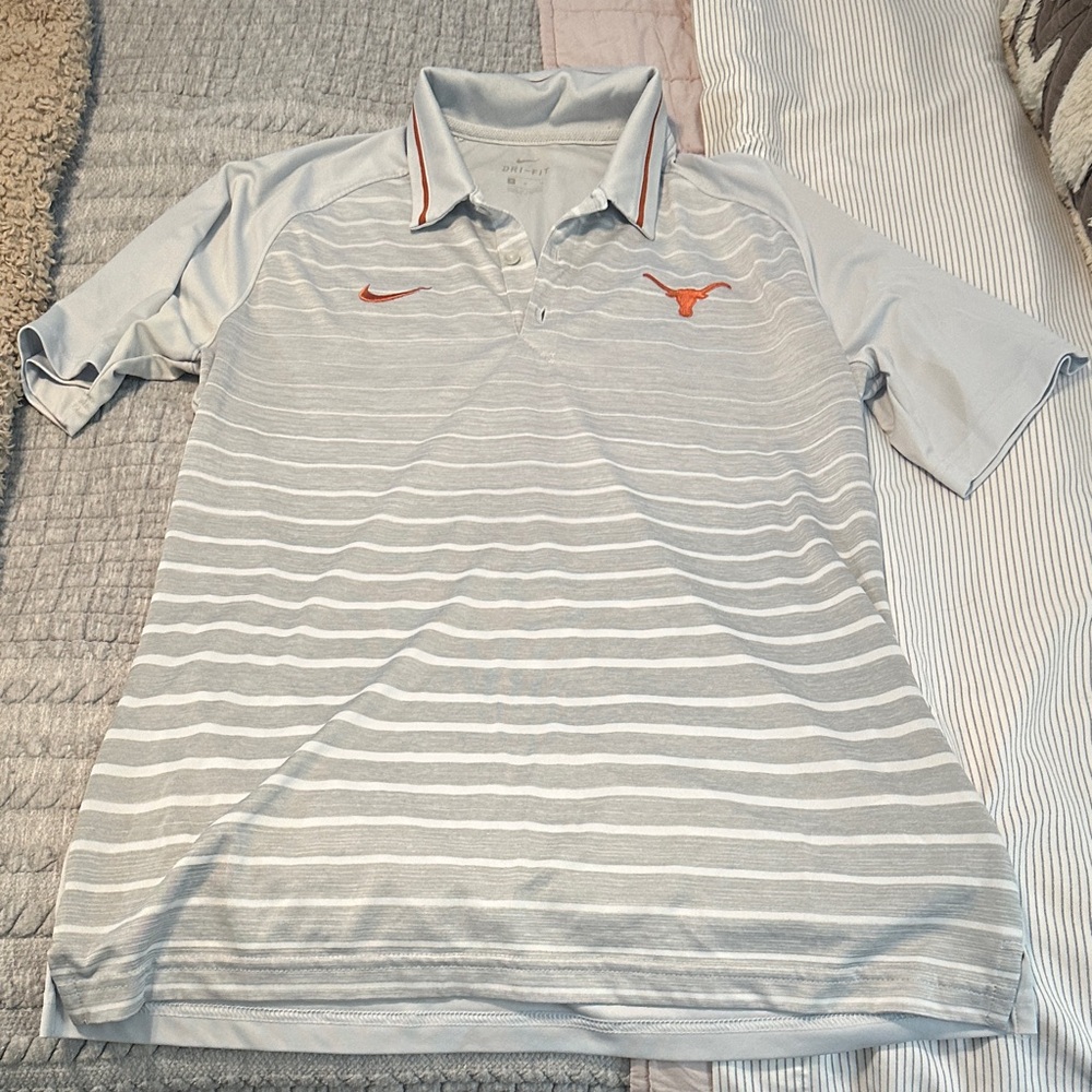 Nike Light Gray & White Striped Polo with Orange Logo